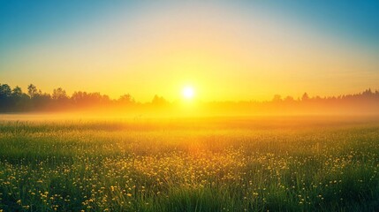 Sunrise Over a Foggy Meadow with Wildflowers