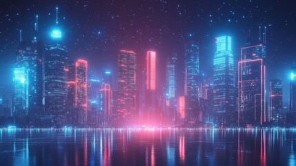 Fototapeta premium cityscape with space and neon light effect. Modern hi-tech, science, futuristic technology concept. Abstract digital high tech city design for banner background