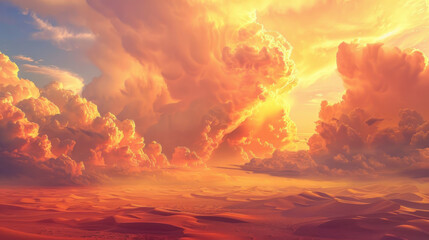 Obraz premium A desert landscape where the heat is so intense that the sky appears to melt into the horizon, creating a dreamlike, fluid world