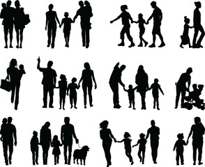 Black silhouettes of families in walk 