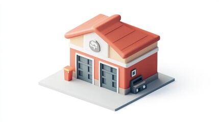 A stylized building resembling a garage, possibly for vehicle or equipment storage.
