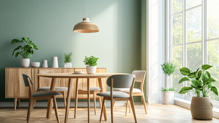 Minimalist living room with green walls, wooden furniture, and plants, Mint color chairs at round wooden dining table in room with sofa and cabinet near green wall.