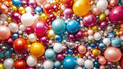 A kaleidoscope of balloons in every color, filling the frame against a white background, representing diversity and celebration