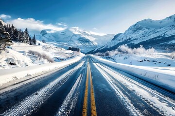 Beautiful winter landscape with snow covered road in the mountains.