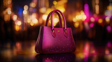 A stylish pink handbag showcased in a vibrant, blurred background.