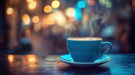 Fototapeta premium A steaming cup of coffee on a table, with a blurred, cozy background.