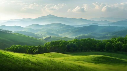 Obraz premium Beautiful summer landscape. grassy meadow on the hillside under blue sky with clouds