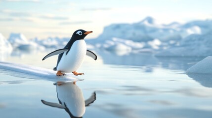 Naklejka premium A penguin glides across icy waters, surrounded by floating icebergs in a serene environment.