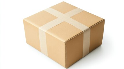 A medium-sized cardboard box, perfectly sealed with tape, placed on a pristine white background, representing secure shipping and delivery.