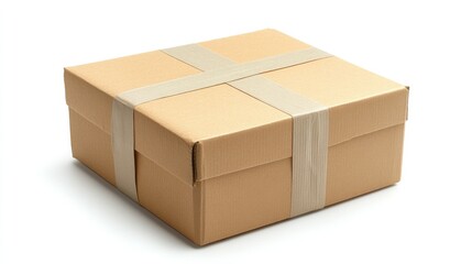 A medium-sized cardboard box, perfectly sealed with tape, placed on a pristine white background, representing secure shipping and delivery.