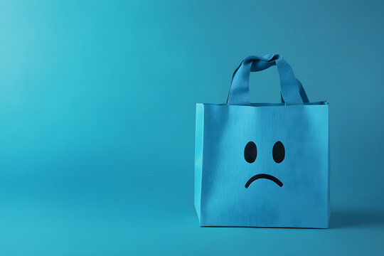 Blue bag with sad face on blue background. Blue monday concept. Copy space