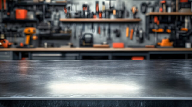 A blank metal tabletop with blurred automotive tools and parts in the background.