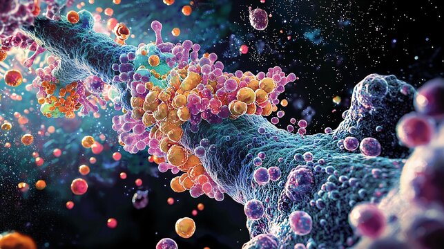 Illustration of a cell's lysosomal pathway, showing digestion of macromolecules. Dark backdrop enhances vibrant details.