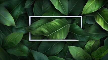 A vibrant arrangement of green leaves with a blank frame in the center for text or imagery.