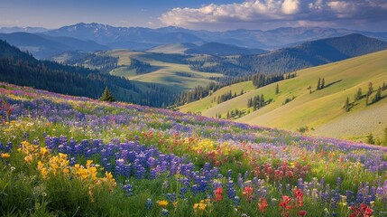 Fototapeta premium A vibrant wildflower meadow with rolling hills and mountains in the background.