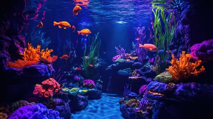 Obraz premium A mesmerizing aquarium display featuring neon-colored fish, seaweed, and coral under glowing blue lights.