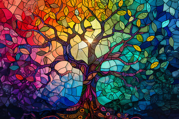 The Tree of Life stained glass window which is mentioned by the Bible as being in the Garden of Eden and who's fruit is the source of all knowledge to Adam and Eve, religious stock illustration 