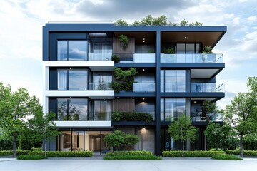 A modern city building with balconies and large windows, showcasing contemporary architecture and urban residential design