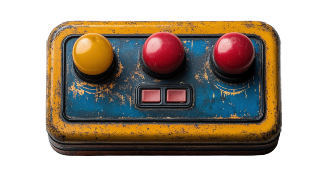 Retro Arcade Controller with Colorful Buttons on Black Background, PNG