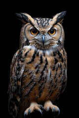 Fototapeta premium owl standing on its hind legs on black background
