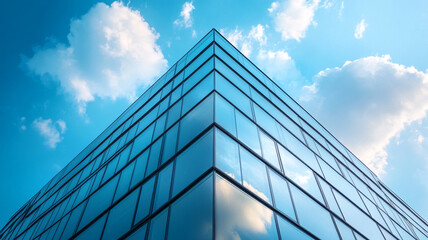 A modern glass building with a blue sky and cloud reflections.