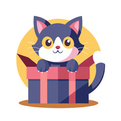 Curious Kitty in a Box: A charming and playful illustration of a cute blue and white cat peeking out of a pink and red gift box, with a cheerful and mischievous expression. Perfect for children's book