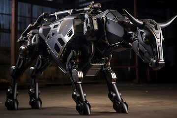 A futuristic robotic bull stands in a dark industrial setting.