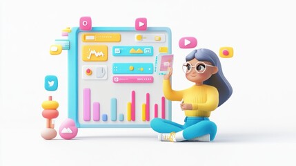 Obraz premium A cartoon character interacts with a digital dashboard displaying data and social media icons.