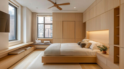 Photo interior modern design room 3d illustration, White and wooden home bedroom interior with bed and window. 