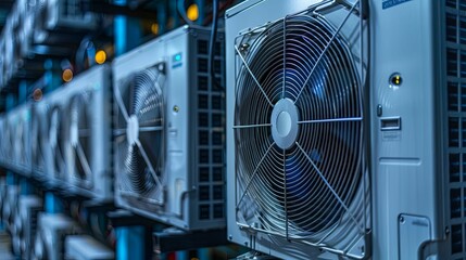 Close-up of a row of industrial cooling units with a large fan in the foreground