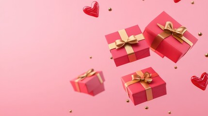 Red gift boxes with golden bows and hearts on a pink background.