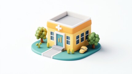 A colorful, stylized building resembling a medical facility with trees and a pathway.