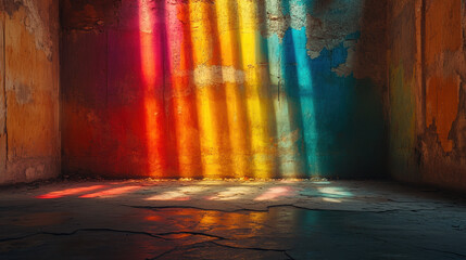 Obraz premium Captivating rays of vibrant colors illuminate the textured walls of an abandoned room, creating a stunning interplay of light and shadows