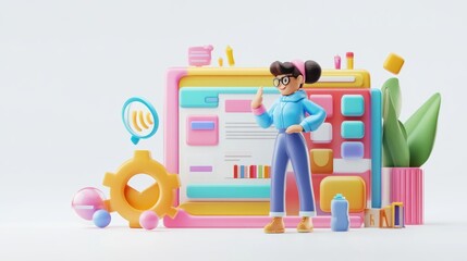 Obraz premium A colorful 3D illustration of a character in a tech-themed environment.