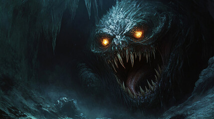 A hideous monster with sharp teeth and glowing eyes stalking its prey in a dark cave.
