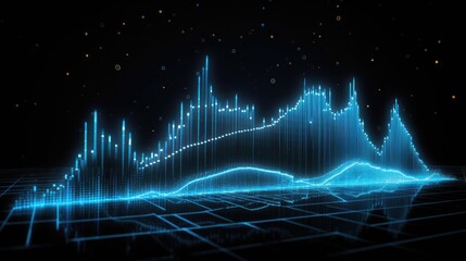 Abstract glowing blue data visualization line graph on a dark grid background.