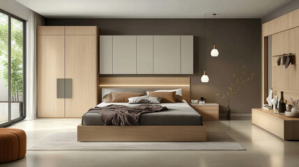 Photo interior modern design room 3d illustration, A minimalist bedroom with light wood accents and a focus on simplicity and functionality.