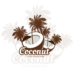 Coconut drink logo design. Beach and coconut palms view in coconut with straw, umbrella drink. Fresh Coco icon isolated in white background, Vector illustration EPS10.