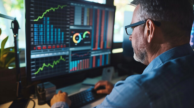 Focused businessman analyzing revenue charts and financial metrics on a digital screen, emphasizing business success, financial growth, and monetization in a modern office environment.