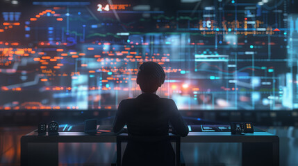 Focused businessman analyzing revenue charts and financial metrics on a digital screen, emphasizing business success, financial growth, and monetization in a modern office environment.