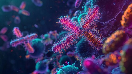 Artistic rendering of a bacterial operon system, highlighting gene expression. Dark background with vibrant colors.