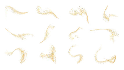 Curls, gold foil strokes, gold splashes, gold sequins, gold dust on a transparent background. Elements with gold sequins and confetti to celebrate with glowing gold particles.