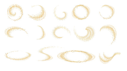 Golden curls. A set of abstract design elements with a shiny glitter. The texture of gold. A set of golden confetti with gold dust. Gold background for illustration.