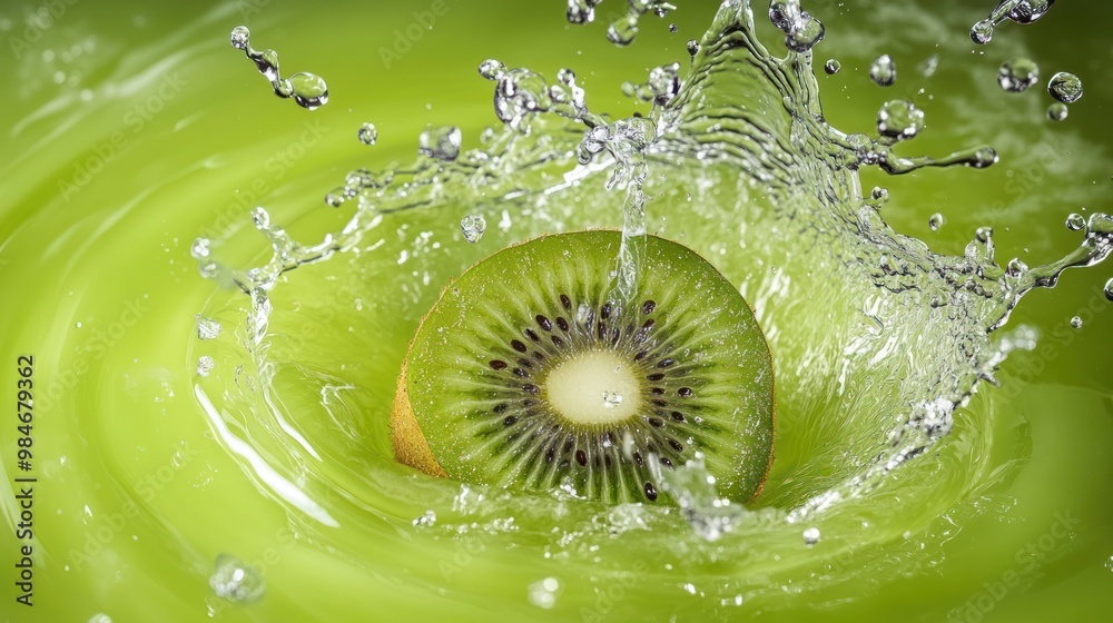 Poster A kiwi fruit splashes into vibrant green liquid, creating dynamic water droplets.