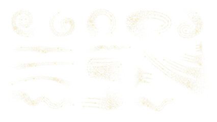 The golden vortex of a grain of sand.Luxurious edging in the form of flecks of golden sequins.The elements are made of gold-plated foil.The texture of gold on a transparent background. Festive decorat