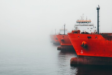 Fototapeta premium Red Ships in Foggy Harbor During Early Morning Calm