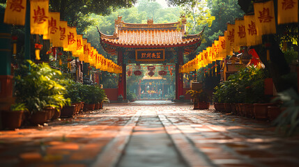 Obraz premium A serene pathway leads through a vibrant temple adorned with colorful banners and lush greenery, inviting tranquility and exploration.