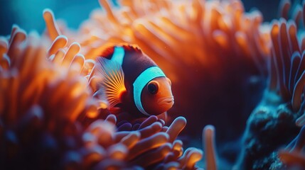 A vibrant clownfish nestled among colorful anemones in a coral reef.