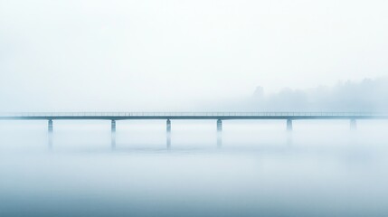 Naklejka premium A serene bridge shrouded in fog over calm waters, evoking tranquility and solitude.