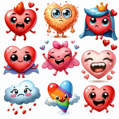 Fototapeta premium Set of cute funny hearts on white background. AI